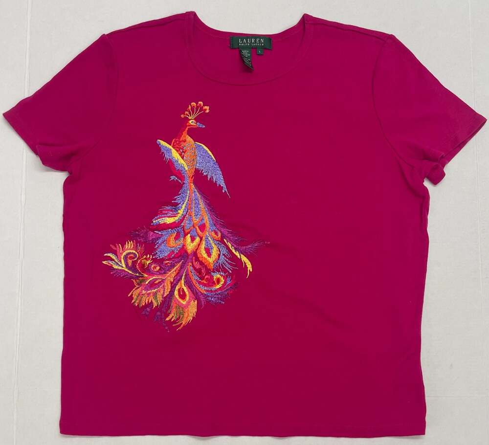 Lauren Ralph Lauren Embroidered Peacock T-Shirt Raspberry Pink Size L Feminine